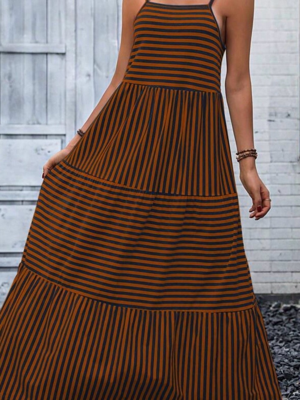 Striped Spaghetti Strap Maxi Dress - Brown & navy Blue